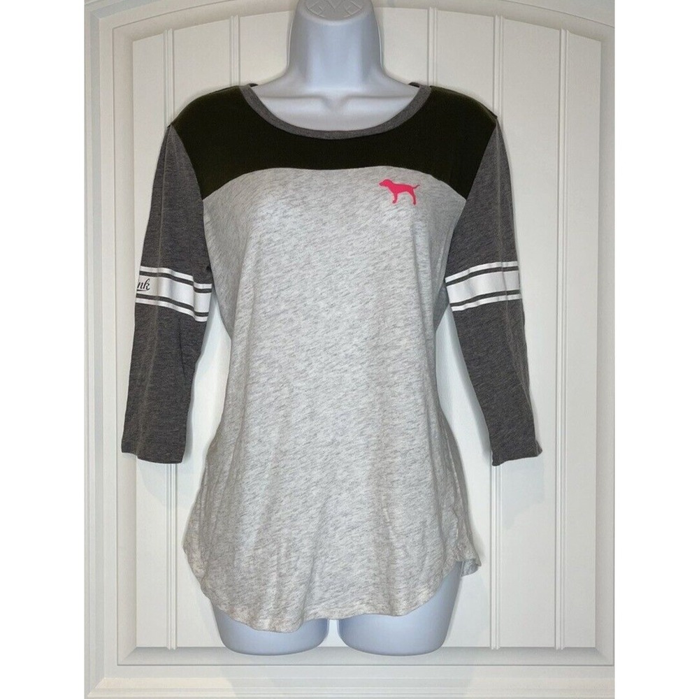 Victoria Secret PINK Womens Multi-Color Shirt S/P 3/4 Sleeve Logo T-Shirt, Top